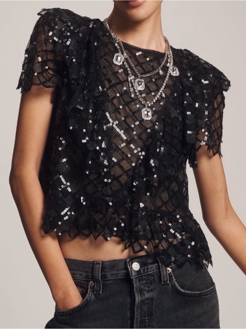Anthropologie Black Sequin Lace Crop Blouse